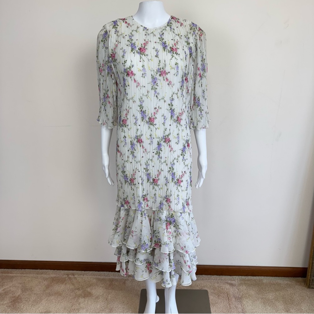 Judy Hornby I.Magnin Silk Floral Pleated Tiered Ruffle Dress 80s Art Deco Sz 14 - Picture 3 of 17